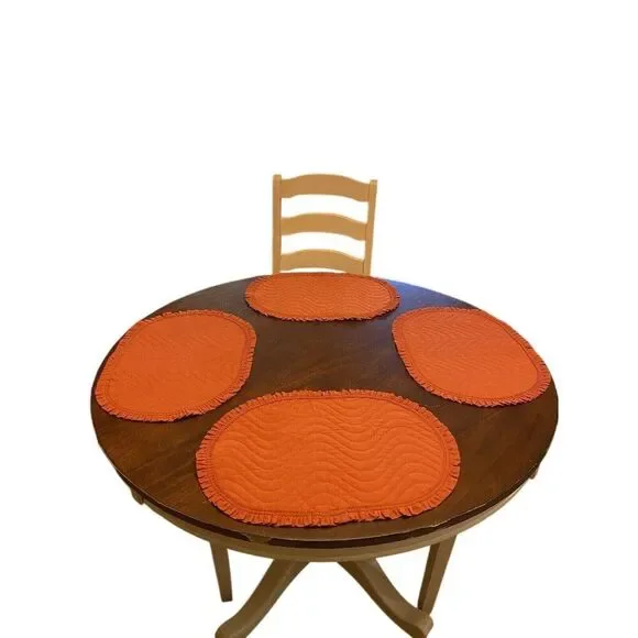Set Of 4 Orange Quilted Oval Ruffle Placemats 18" X 12" Cotton Fabric - Picture 5 of 5